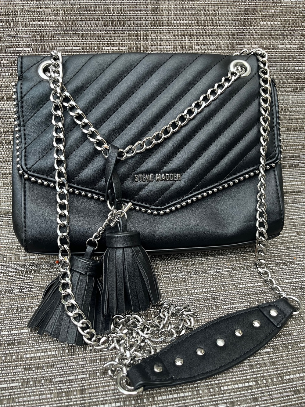 Steve Madden Black Quilted Crossbody with Silver Chain & Tassels